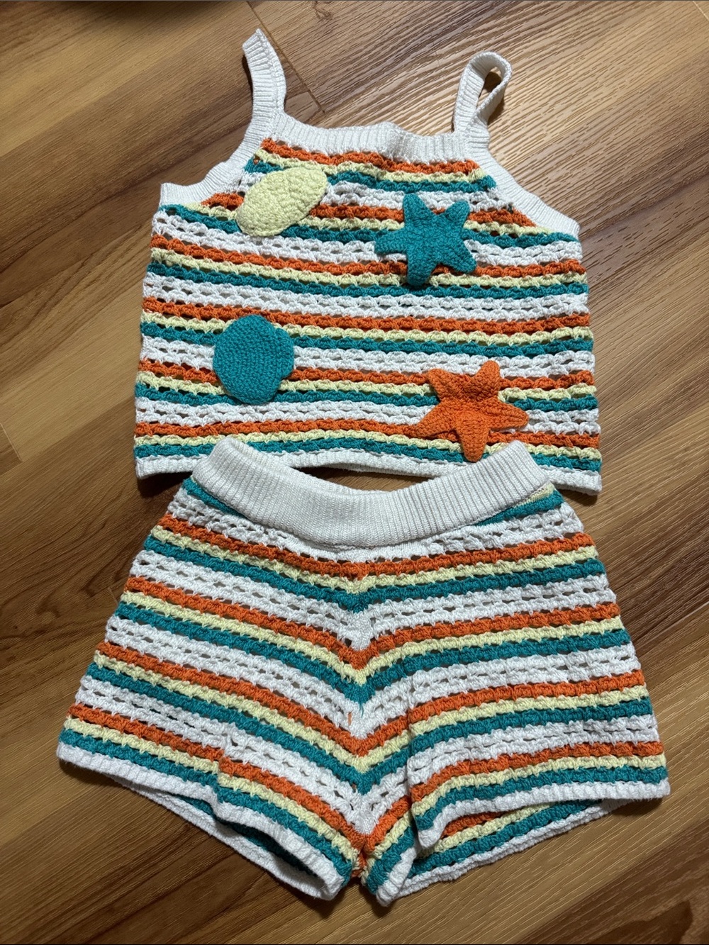 Zara Striped Crochet Tank & Shorts Set in White, Teal & Orange